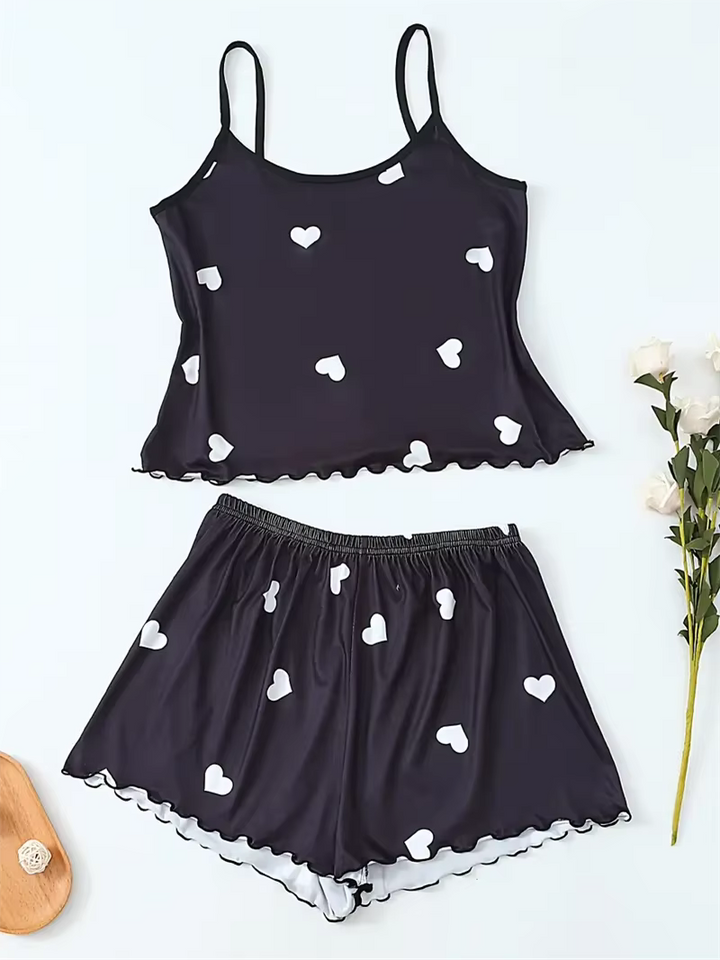 Czarny komplet piżamowy w serca