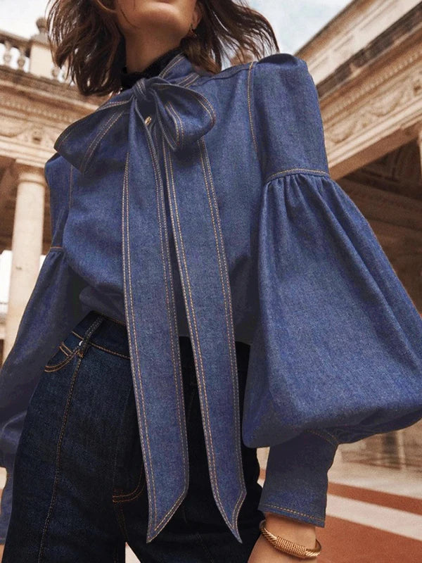 Damska dżinsowa koszula z bufiastymi rękawami