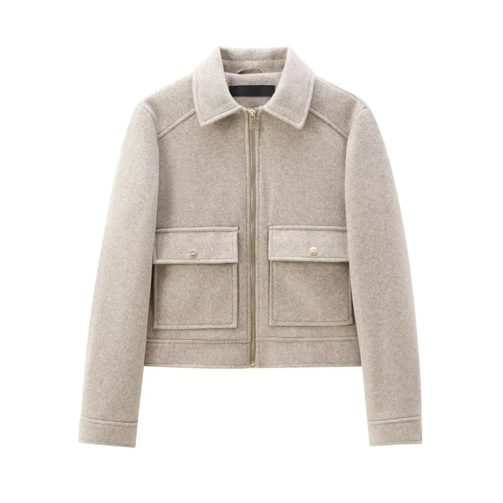 Beige wool zip-up jacket with two large front pockets and classic collar on white background